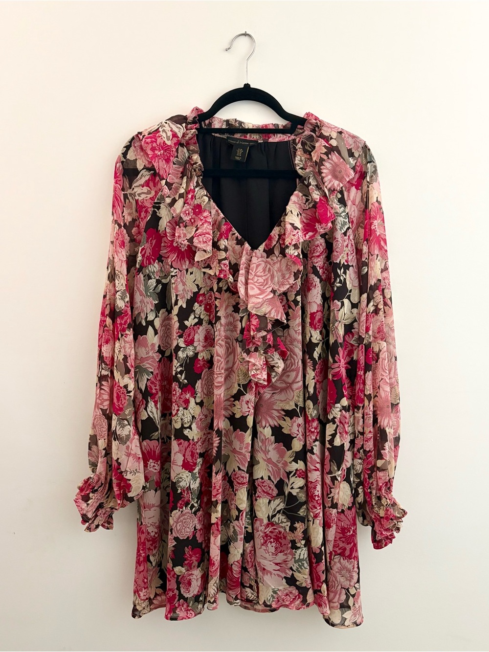 House of Harlow Floral Ruffle V-Neck Mini Dress - Pink and Black